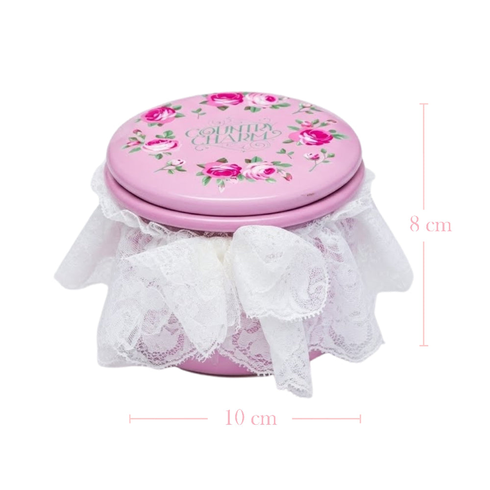 Pink decorative box with floral design and lace on a white background