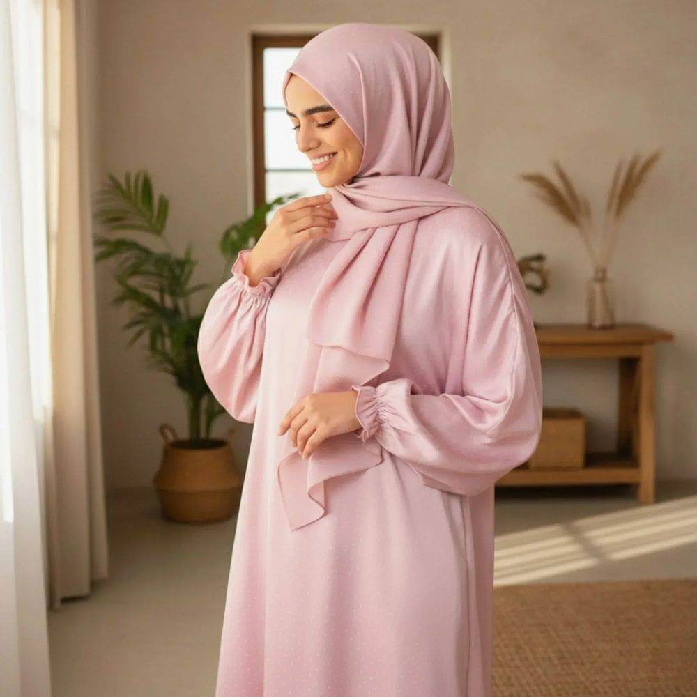 Woman wearing a pink abaya and hijab in a room with plants and a wooden shelf.