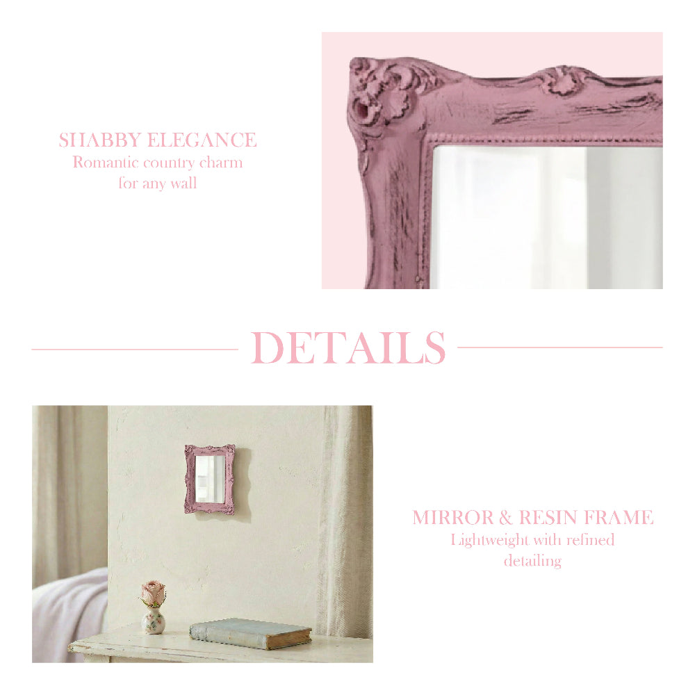 Product graphic showing a close-up of a pink distressed mirror frame and the mirror hanging on a beige wall.