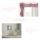 Collage showing a pink distressed resin mirror on a whitewashed wall with candles, cotton stems, and perfume bottles.