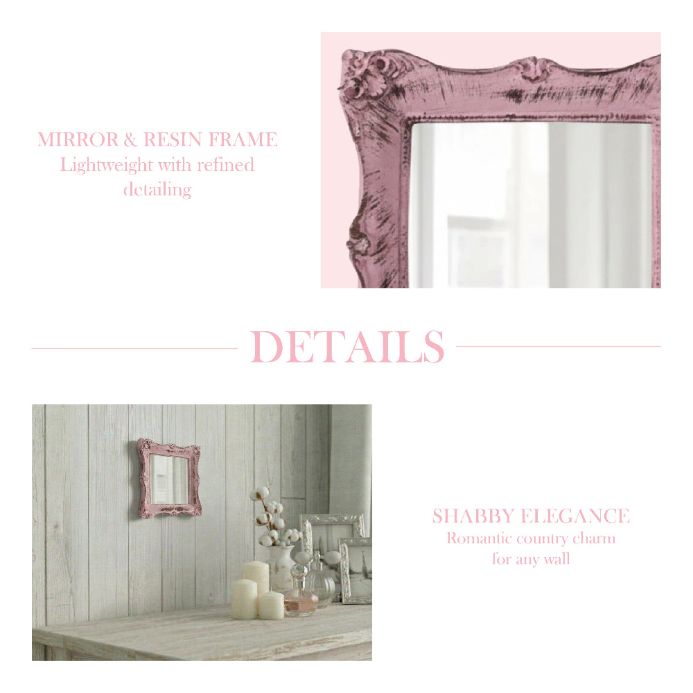 Collage showing a pink distressed resin mirror on a whitewashed wall with candles, cotton stems, and perfume bottles.