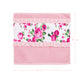 Pink Floral headband towel with pink ribbon and measurements on a white background