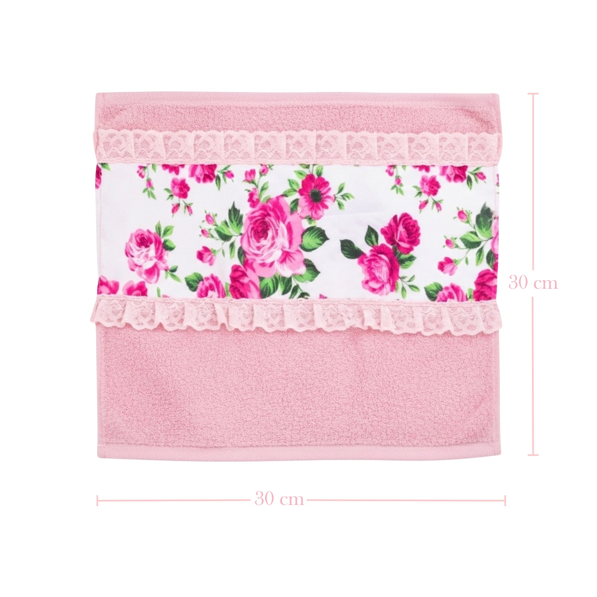 Pink Floral headband towel with pink ribbon and measurements on a white background