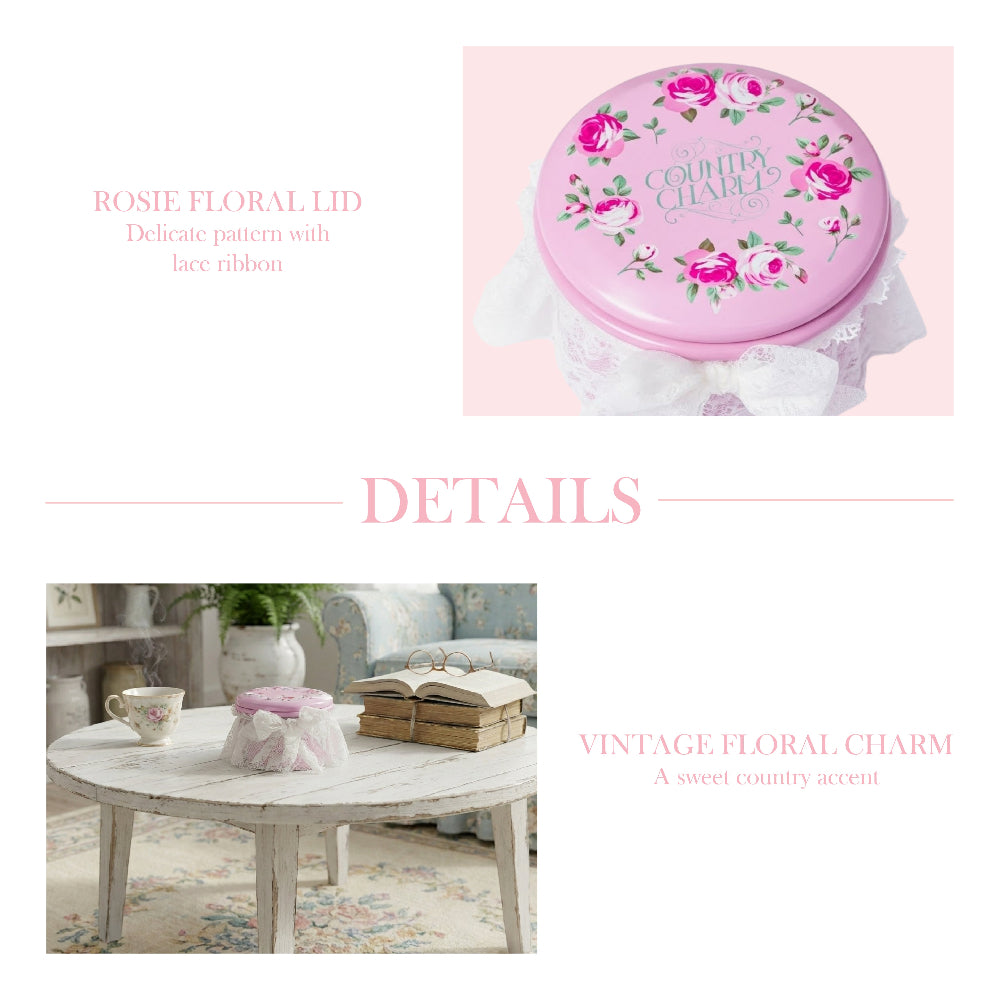 Pink floral-patterned container with lace ribbon on a white background