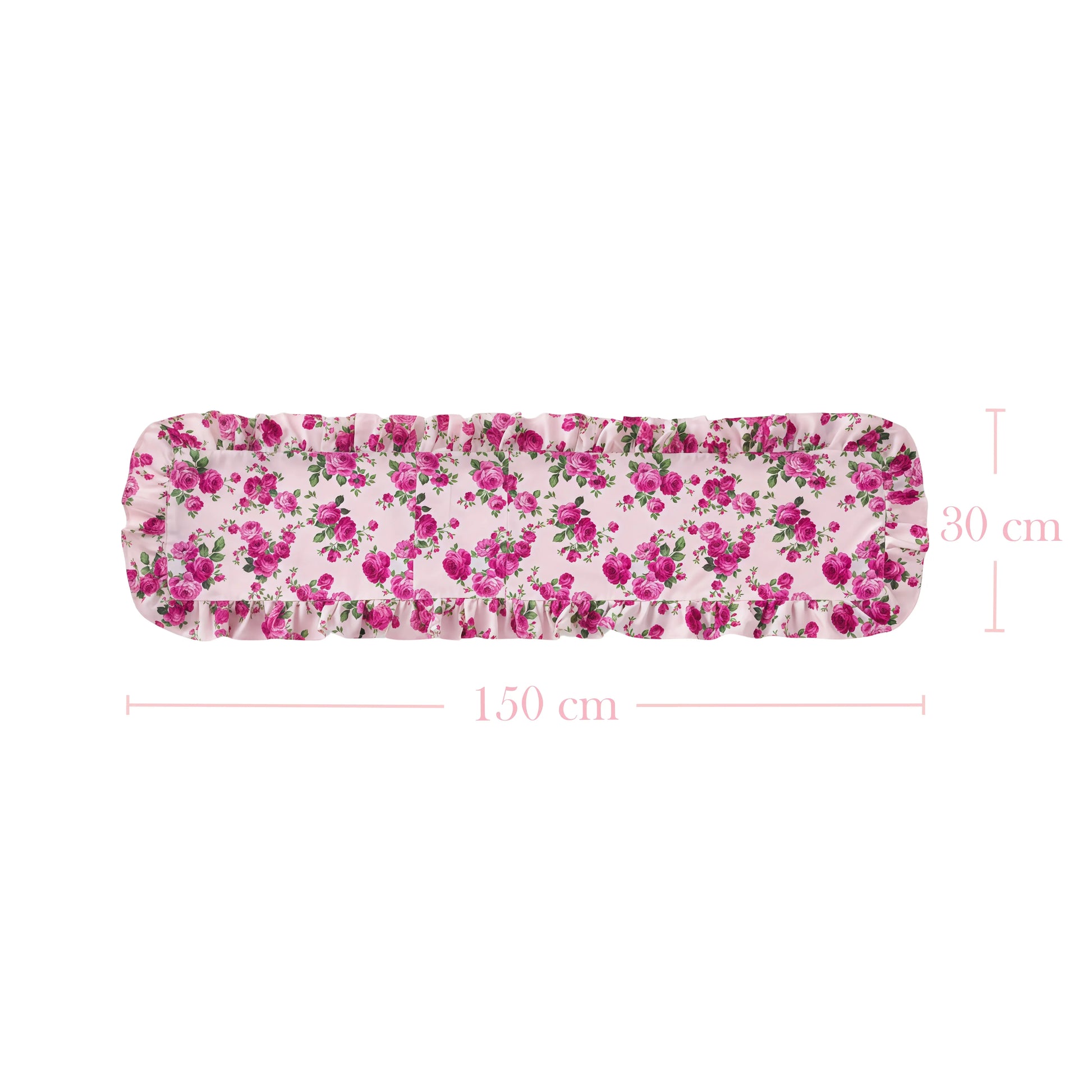 Pink floral ruffled table runner with rose pattern, showing dimensions of 150 cm in length and 30 cm in width.