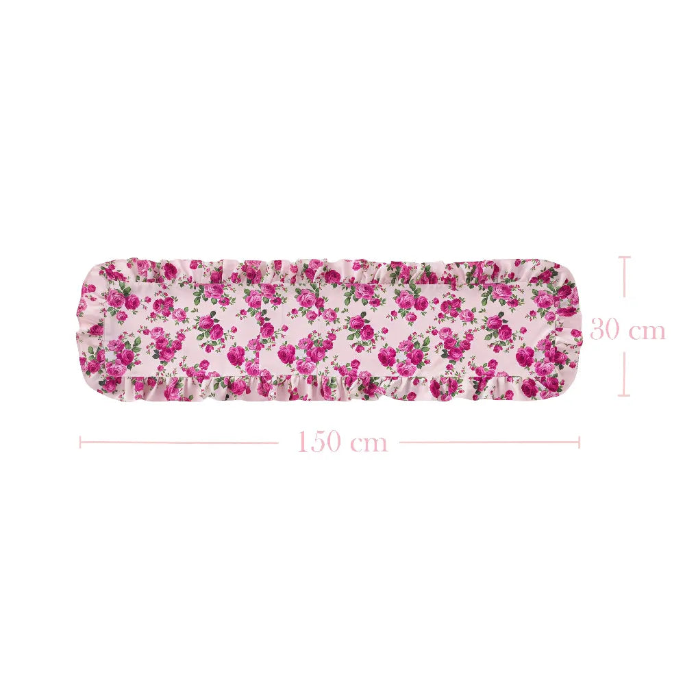 Floral-patterned table runner with measurements on a white background