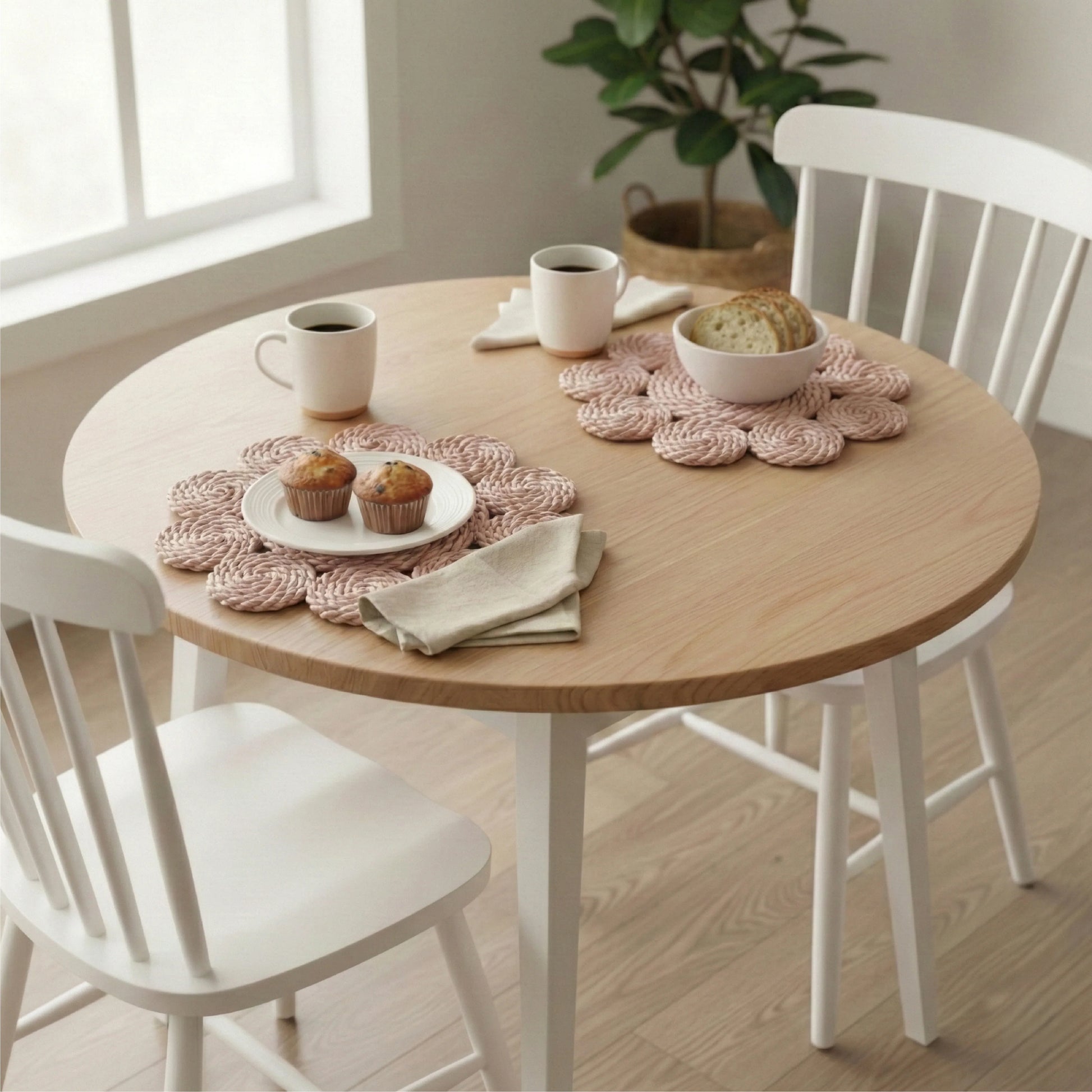 Two pink flower-shaped woven placemats on a round wood table with muffins, bread, coffee mugs, and white chairs.
