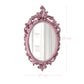 Ornate pink oval mirror with distressed edges showing dimensions of 28 cm in height and 16 cm in width.