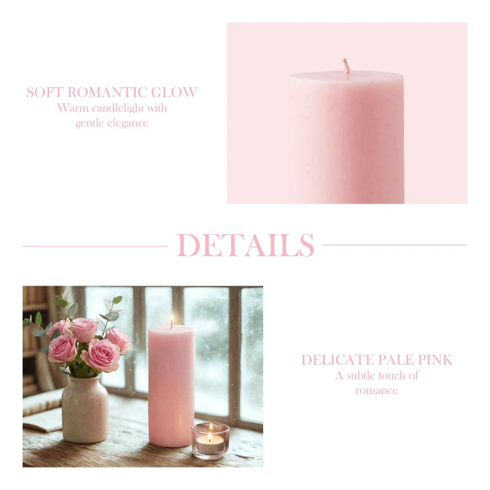 Graphic with "DETAILS" text featuring a close-up of a pink candle and a lit pink pillar candle next to a vase of roses.