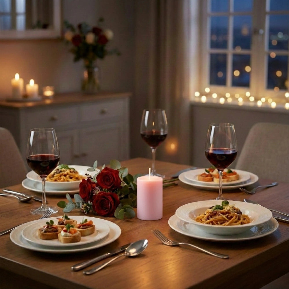 Lit pink pillar candle, red roses, pasta dishes, and wine glasses on a wooden dining table with string lights.