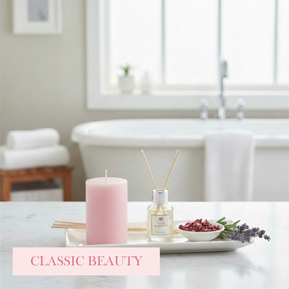 Pink pillar candle, reed diffuser, and bowl of dried rose petals on a white tray in a bright bathroom setting.