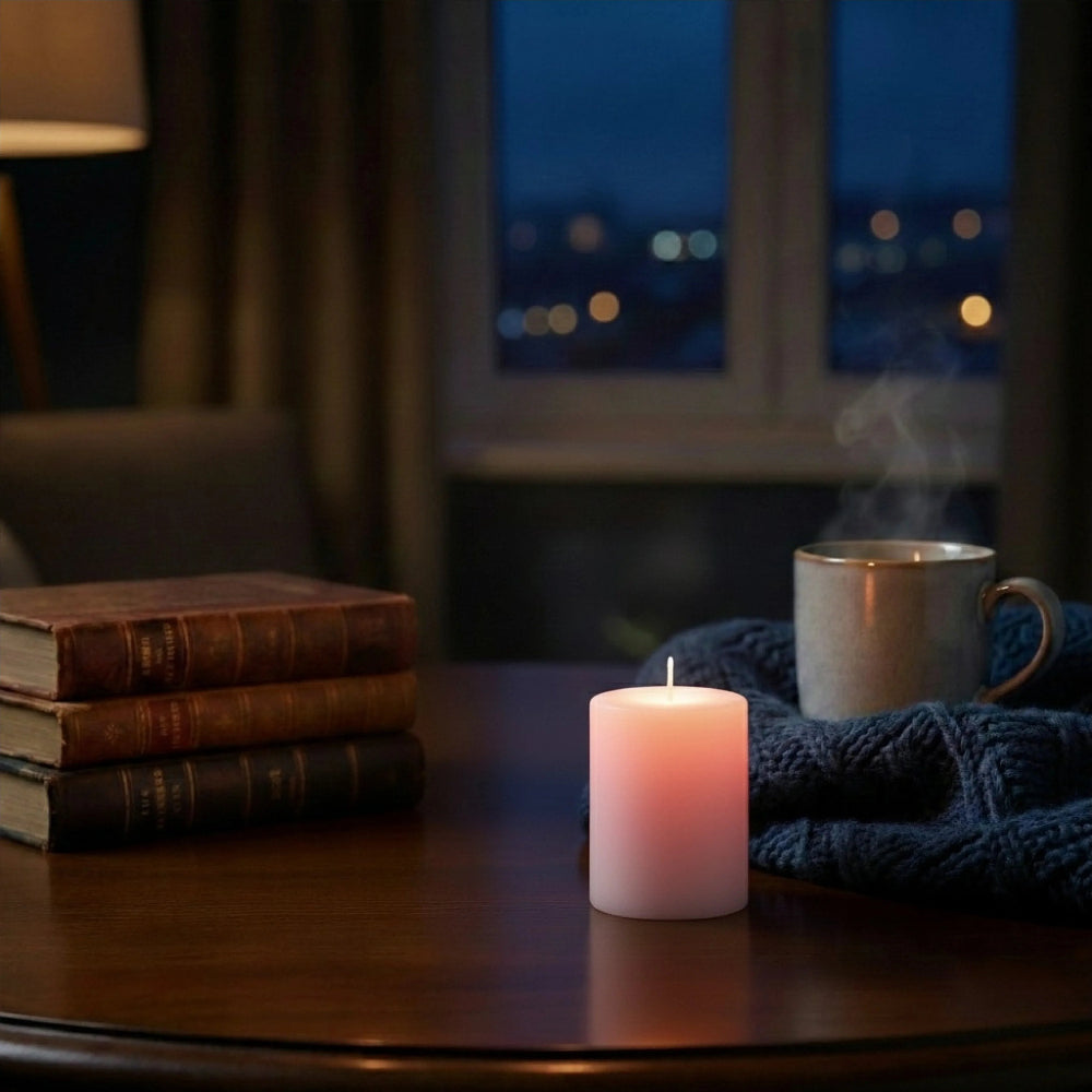 Lit pink pillar candle on a dark wood table with vintage books, a steaming mug, and a blue knit blanket near a window.
