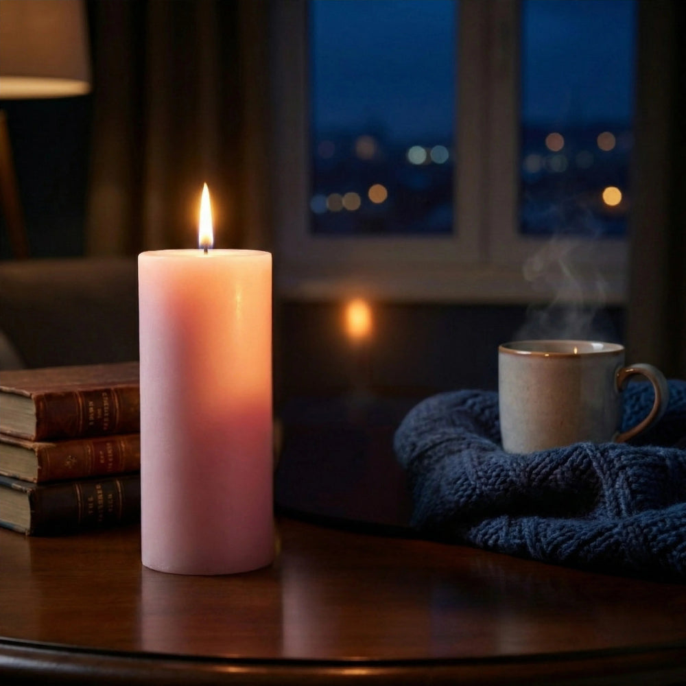 Lit pink pillar candle on a wooden tray with a white heart stone, lavender sprigs, and a rose petal bowl.