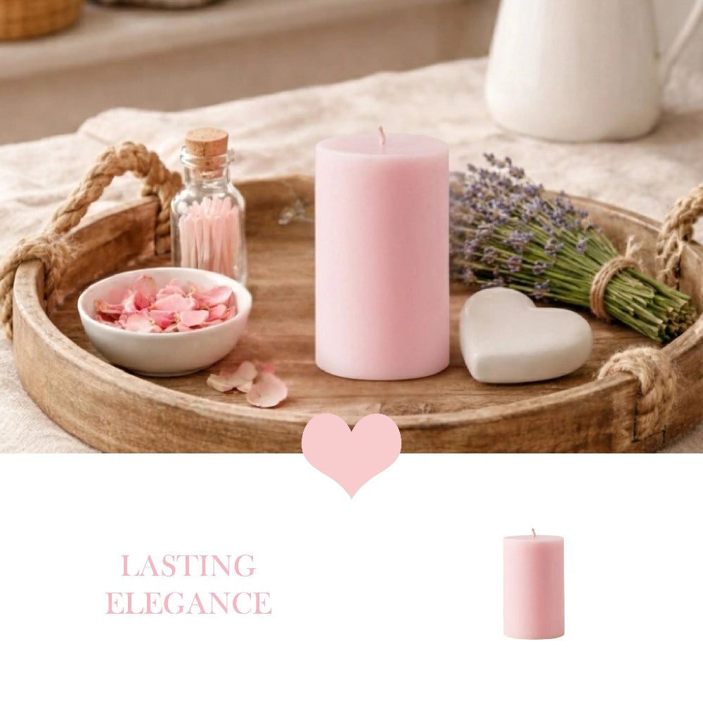 Pink pillar candle on a round wooden tray with a small bottle of matches, lavender, and a white heart stone.