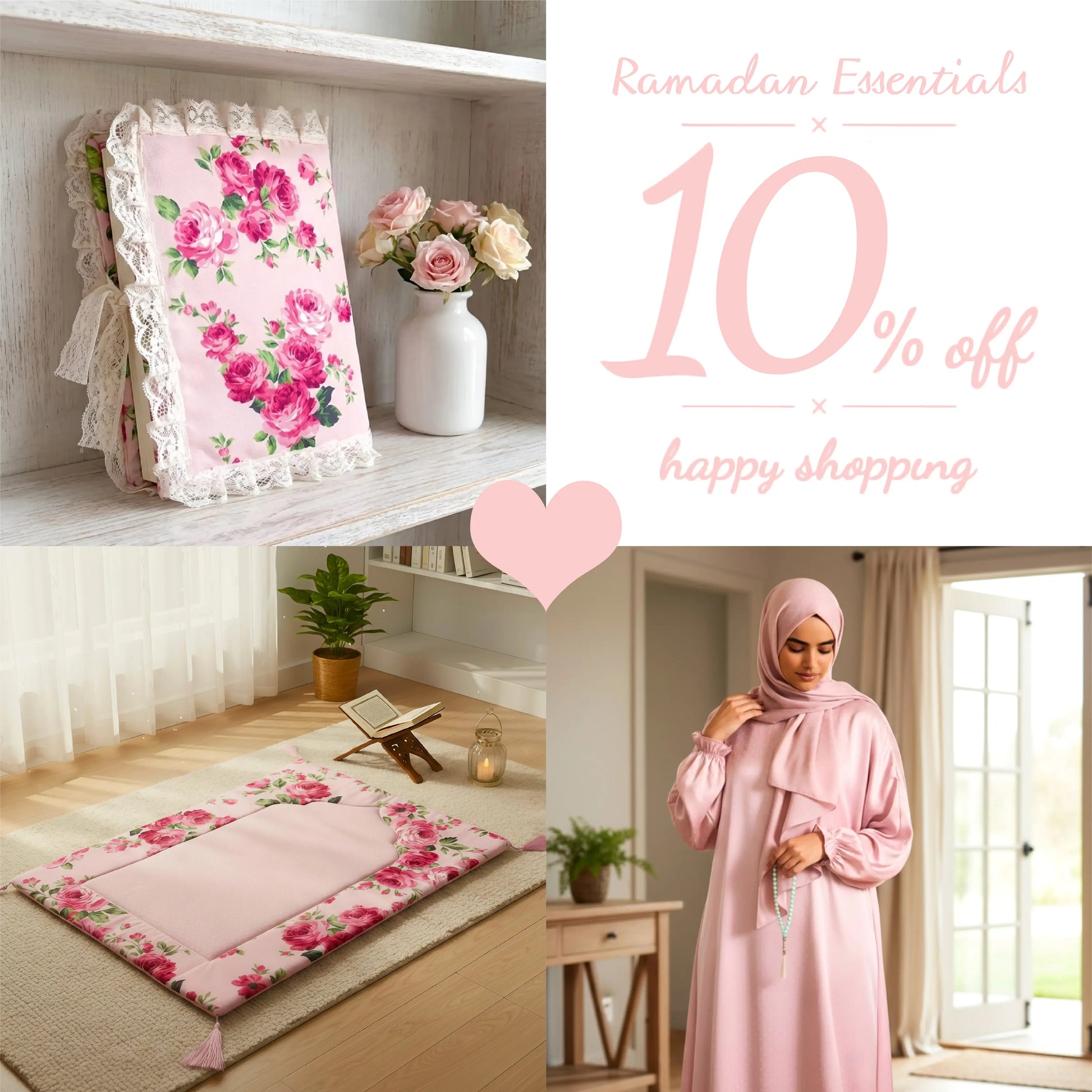 Pink Ramadan Prayer Essentials Bundle - Padded Rug, Quran Cover & Satin Isdal