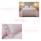Collage of pink ruffled bedding on a bed and a close-up of the ruffled fabric edge, with pink text labels.