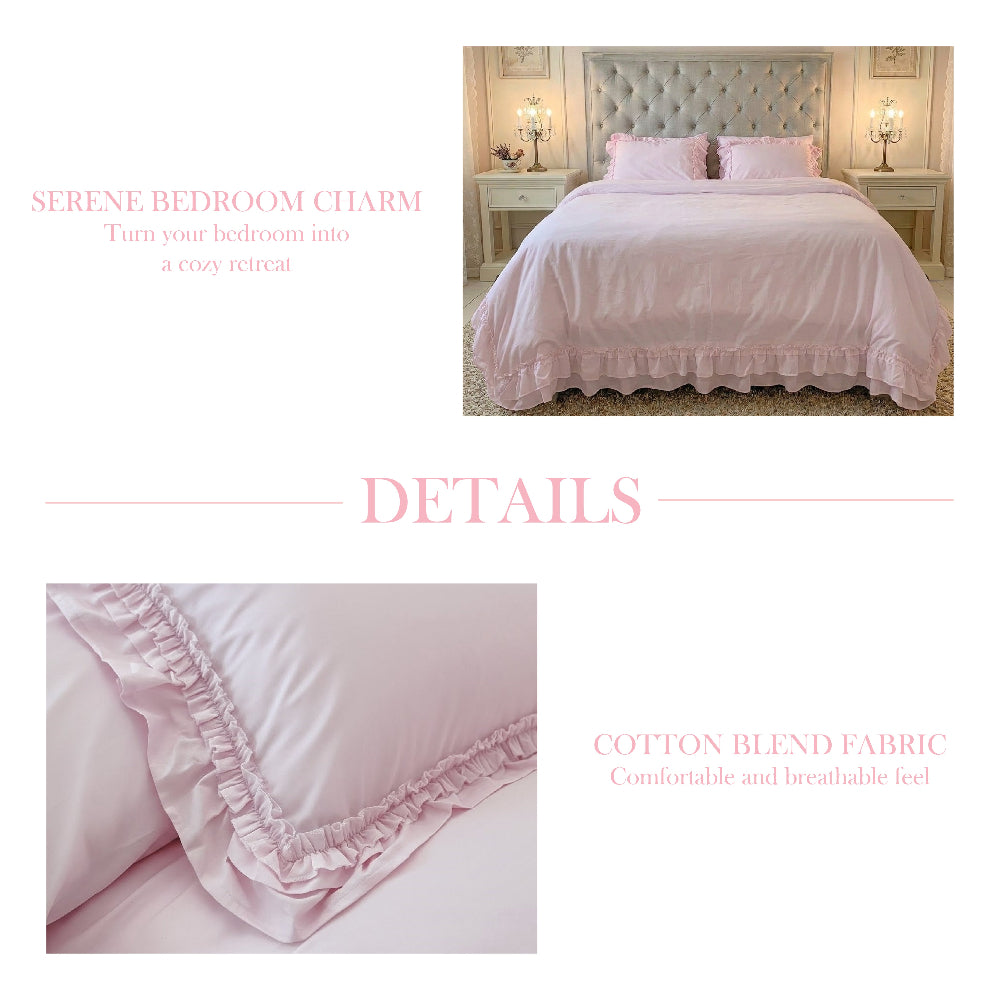 Collage of pink ruffled bedding on a bed and a close-up of the ruffled fabric edge, with pink text labels.