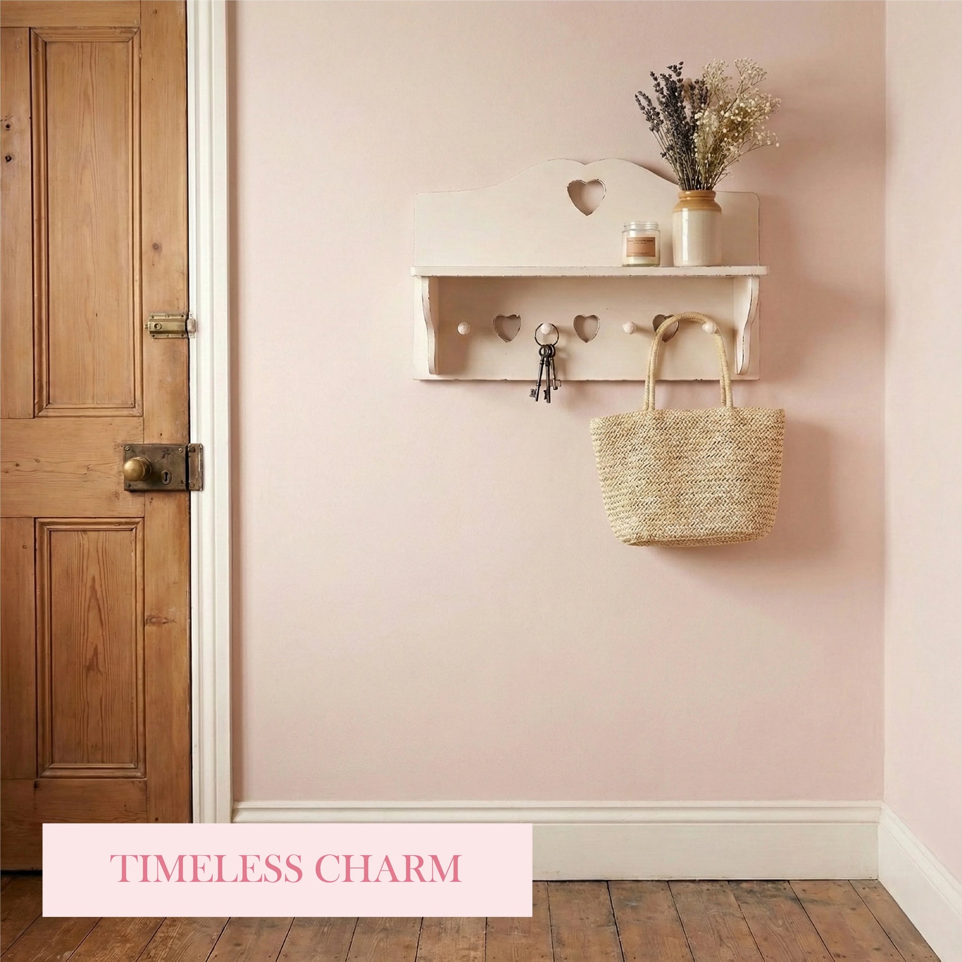 Wall with hooks, a basket, and decorative items against a pink wall with 'Timeless Charm' text.