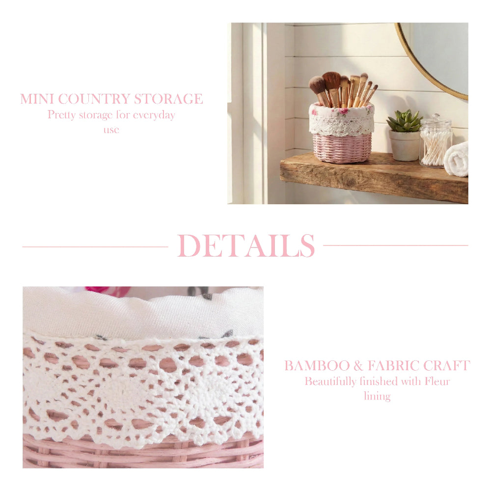 Pink wicker basket with lace trim on a wooden shelf next to a plant and a close-up of the crochet lace and floral fabric.