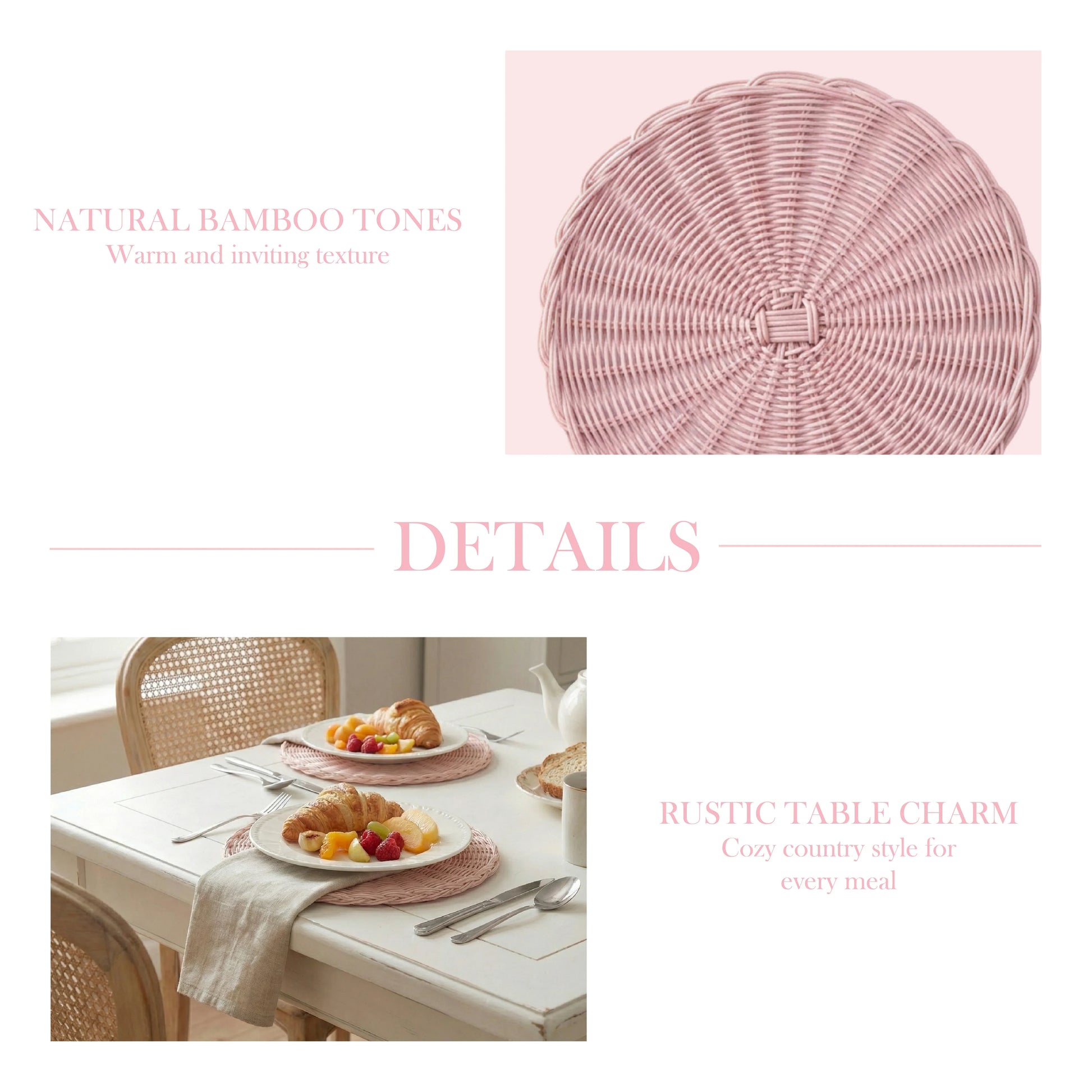 A product graphic showing a pink wicker placemat and a lifestyle scene of a set table with croissants and tea.