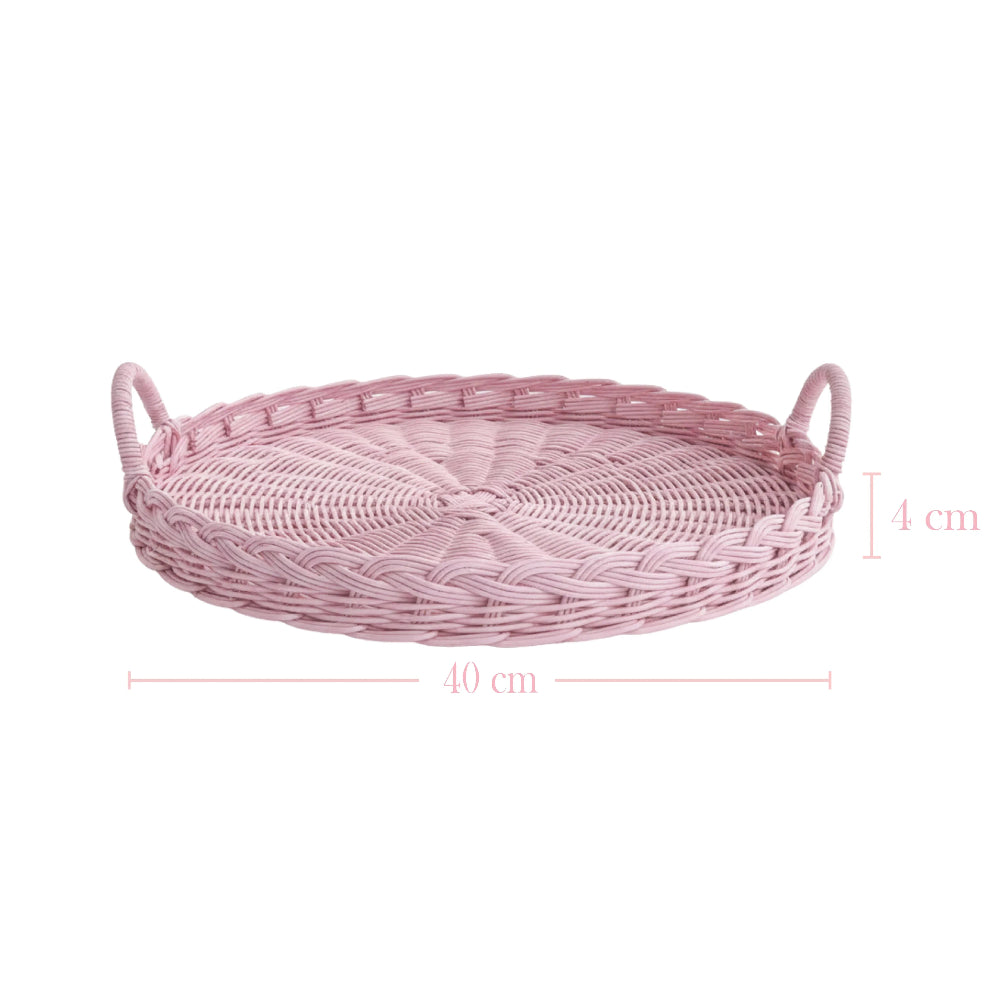 Pink woven basket with handles on a white background, with dimensions