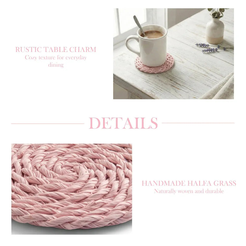 Pink woven coaster with a cup of coffee on a wooden table, with text describing the product.