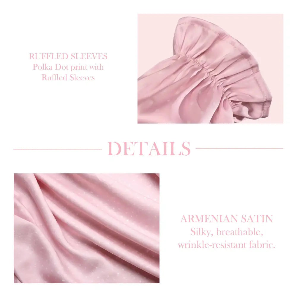 Pink satin polka dot Isdal Prayer dress with ruffled sleeves on a light pink background