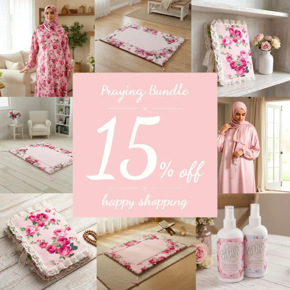 Collage of floral products and a promotional banner for a 'Praying Bundle' with a 15% discount offer.