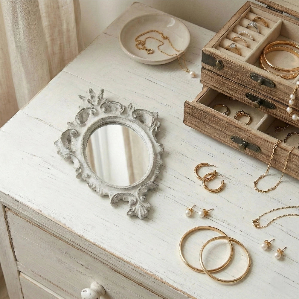 Pretty Shabby Wall Mirror Oval Chic with jewelry displayed on white wooden surface for home decor styling
