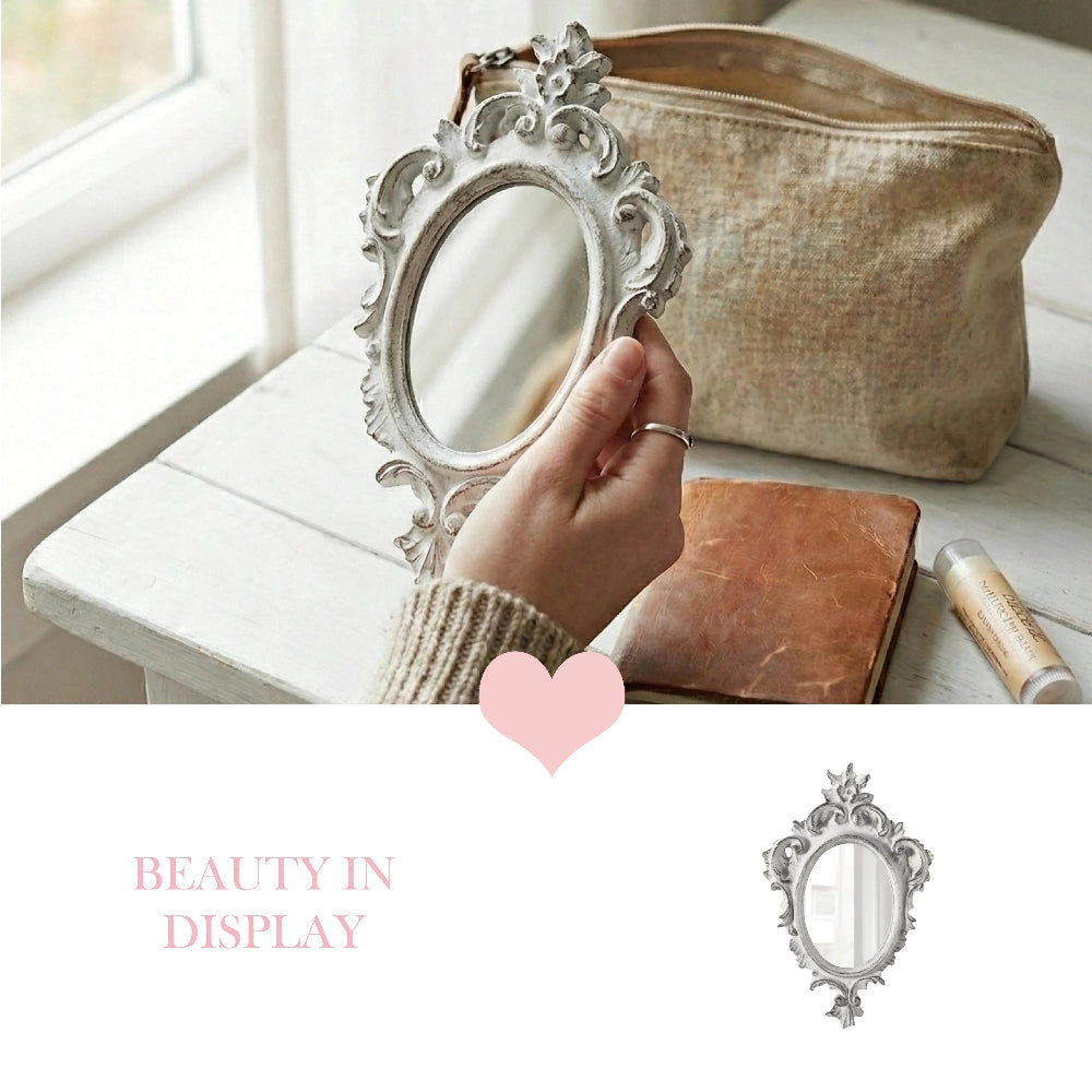 Person holding Pretty Shabby Wall Mirror Oval Chic with pink heart and Beauty in Display text on white background
