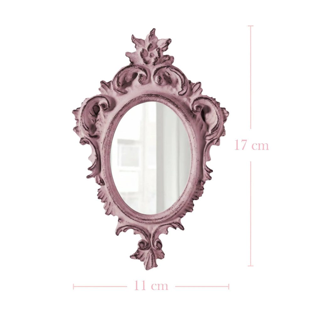 Pretty Shabby Wall Mirror – Oval Chic decorative pink wall mirror with intricate vintage-style detailing on white background