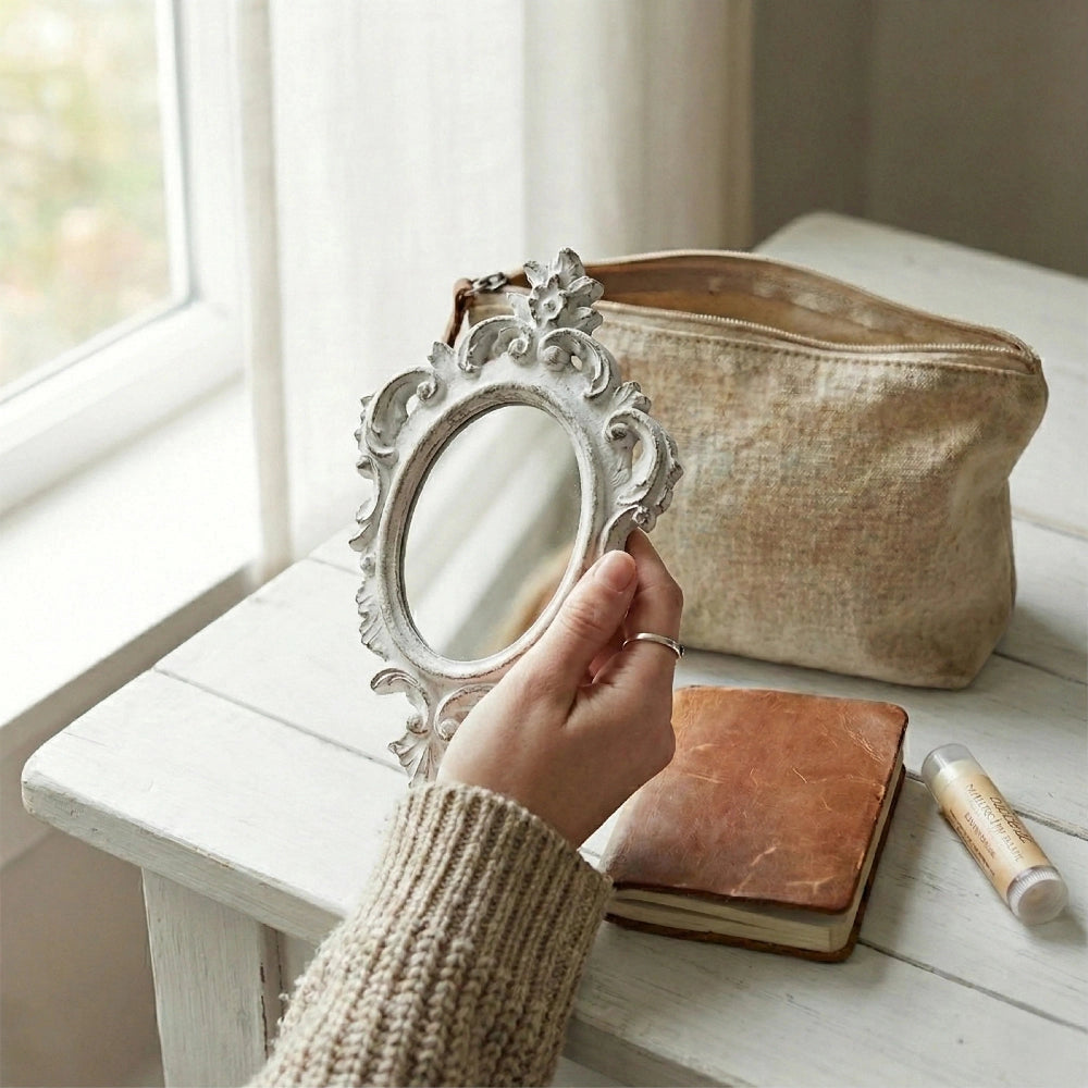 Pretty Shabby Wall Mirror Oval Chic held by person on wooden surface with notebook and pouch for home decor styling