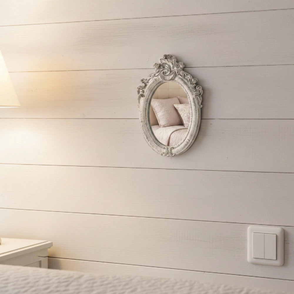 Pretty Shabby Wall Mirror – Oval Fleur decorative oval mirror with ornate frame on light wooden wall