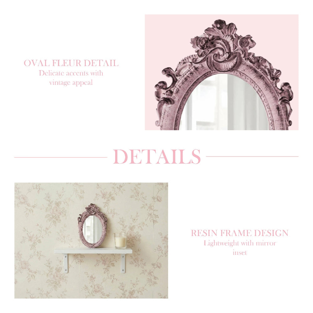 Pretty Shabby Wall Mirror – Oval Fleur with decorative floral frame on a pink background