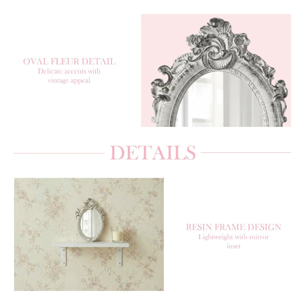 Pretty Shabby Wall Mirror – Oval Fleur with decorative floral frame on a pink background
