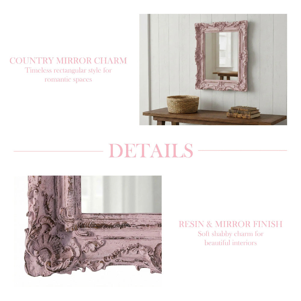 Pretty Shabby Wall Mirror Rectangular Vintage Pink Charm finish with text overlay and decorative design details