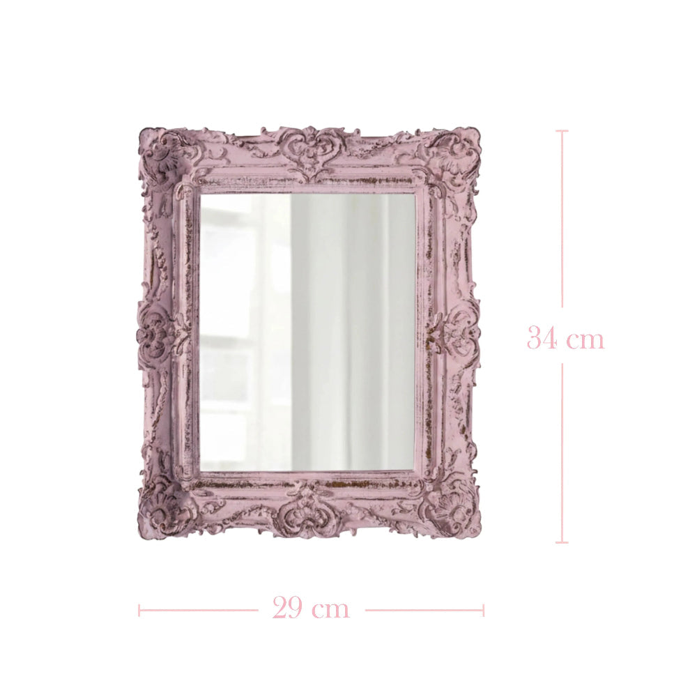 Pretty Shabby Wall Mirror Rectangular Vintage pink showing intricate details and dimensions on white background