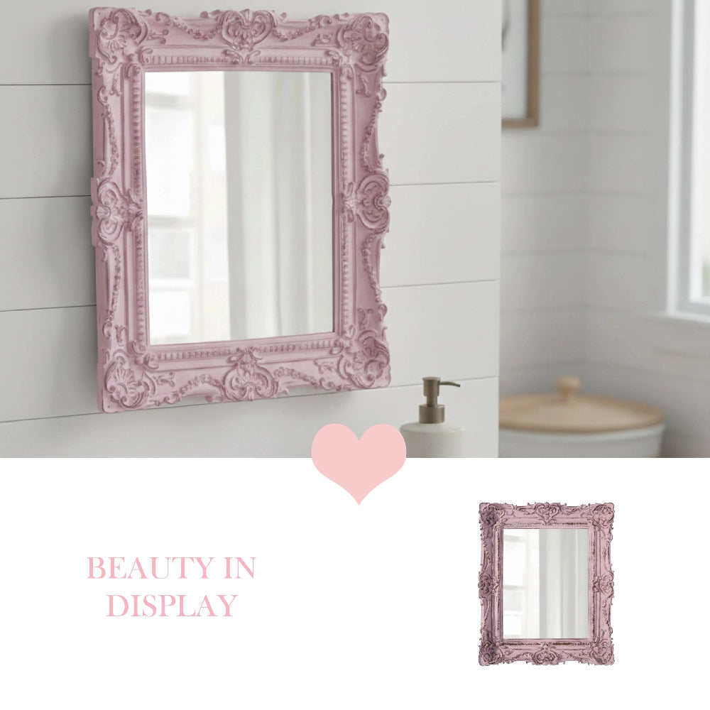 Pretty Shabby Wall Mirror Rectangular Vintage Pink ornate frame design shown for bathroom décor use