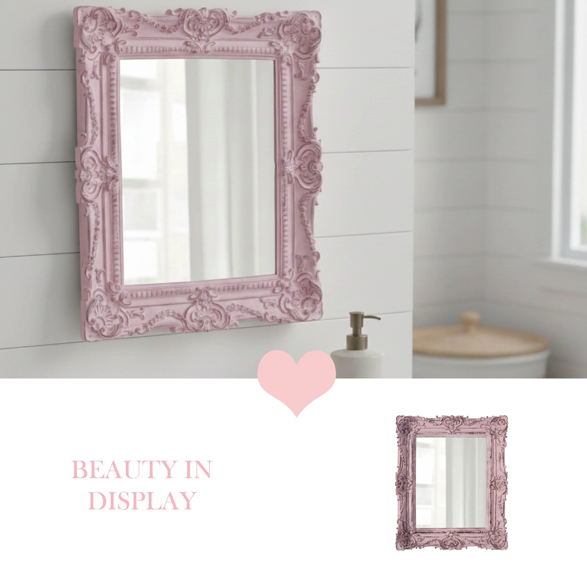 Decorative pink mirror with ornate frame in a bathroom setting