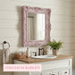Pretty Shabby Wall Mirror Rectangular Vintage Antique White pink ornate design displayed on wooden table