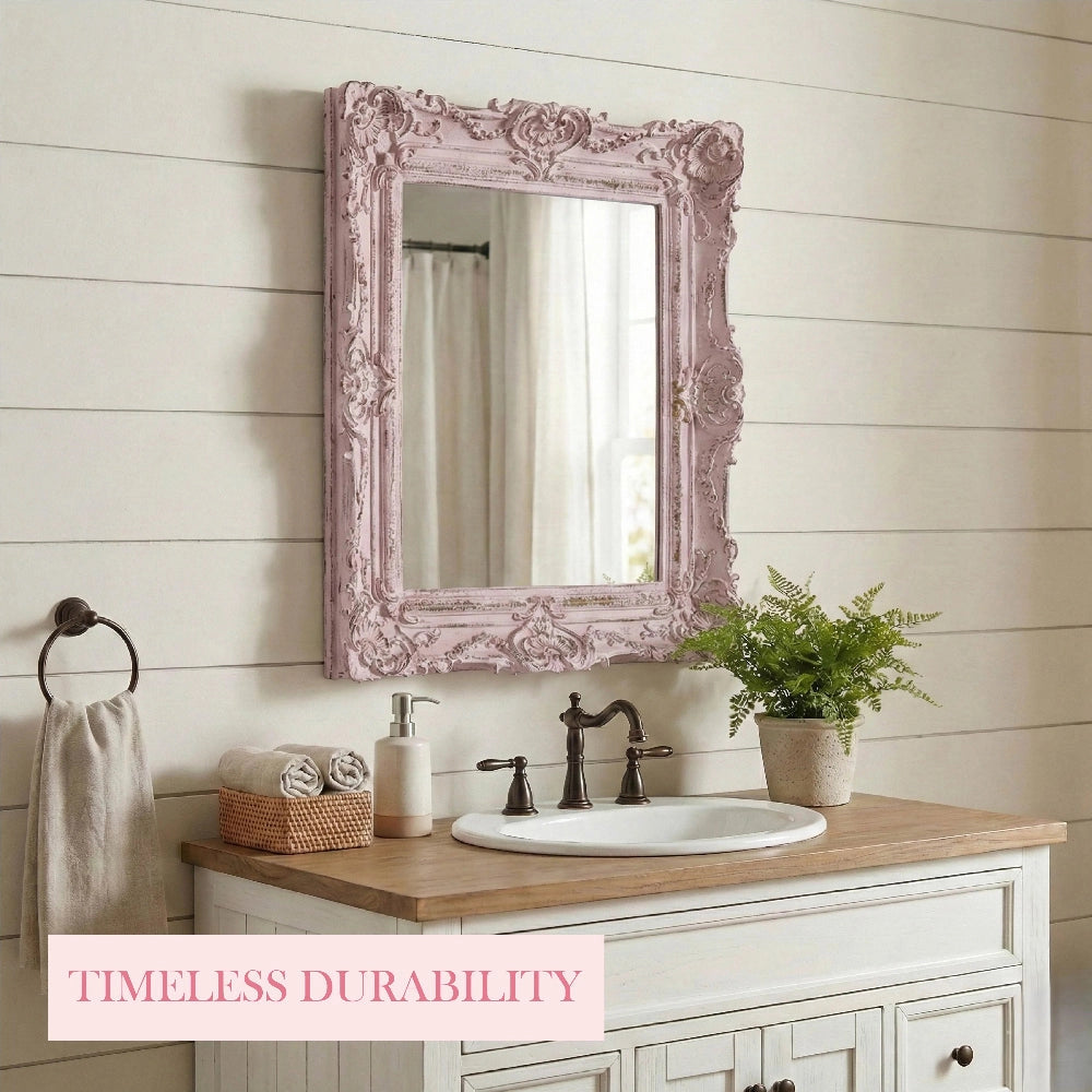 Pretty Shabby Wall Mirror Rectangular Vintage Antique White pink ornate design displayed on wooden table