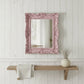 Decorative pink mirror on a white paneled wall with a wooden shelf and plant.