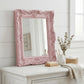 Pretty Shabby Wall Mirror-Rectangular Vintage Pale Pink displayed with bench, soap, and basket on neutral background home décor scene