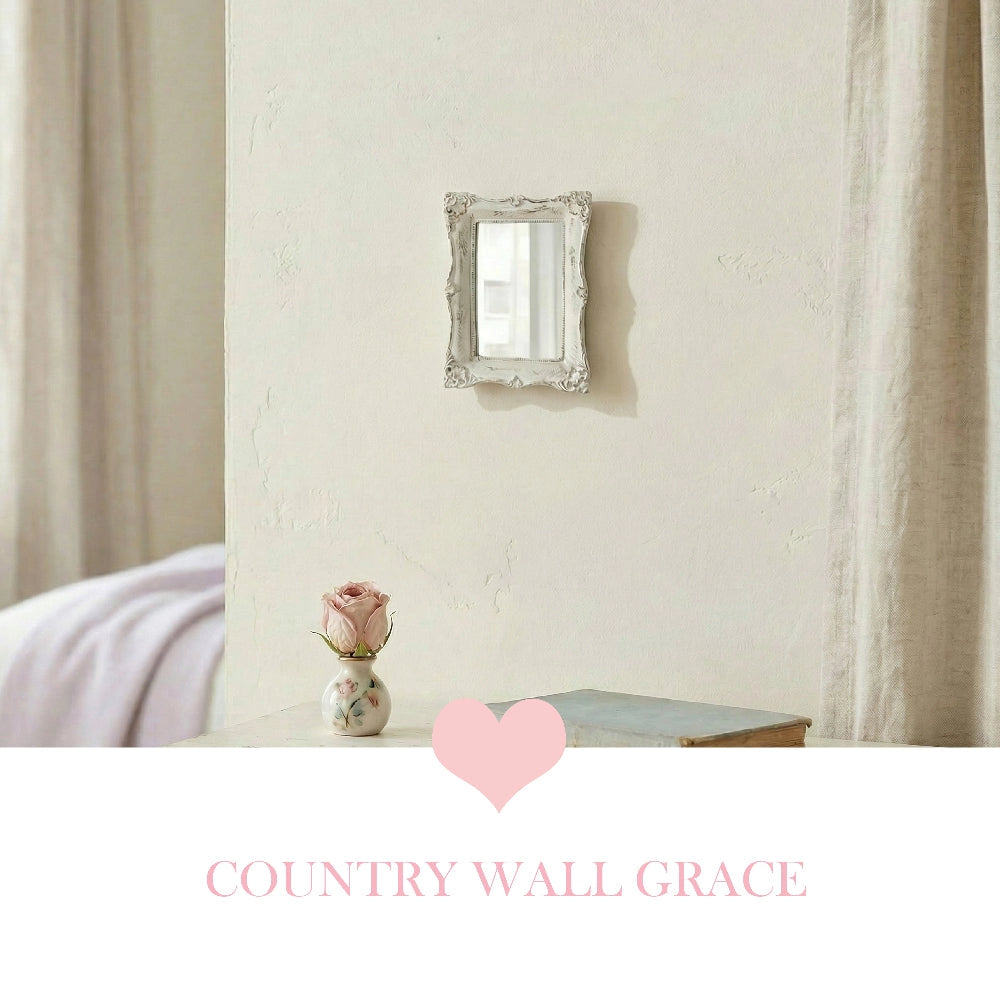 Pretty Shabby Wall Mirror – Rectangular Chic with product text displayed above a table with flowers