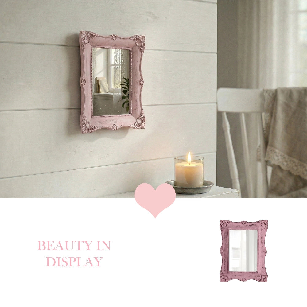 Pretty Shabby Wall Mirror – Rectangular Chic pink mounted on wall with candle, heart accent and Beauty in Display text