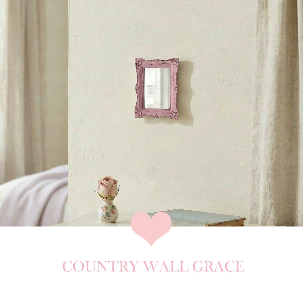 Pretty Shabby Wall Mirror – Rectangular Chic on white wall above table with vase and Country Wall Grace label