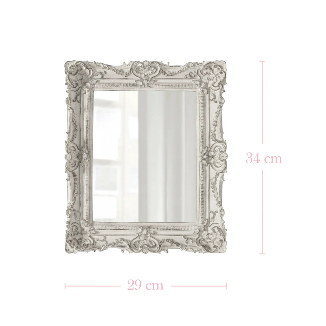 Pretty Shabby Wall Mirror Rectangular Vintage Antique White showing dimensions on white background