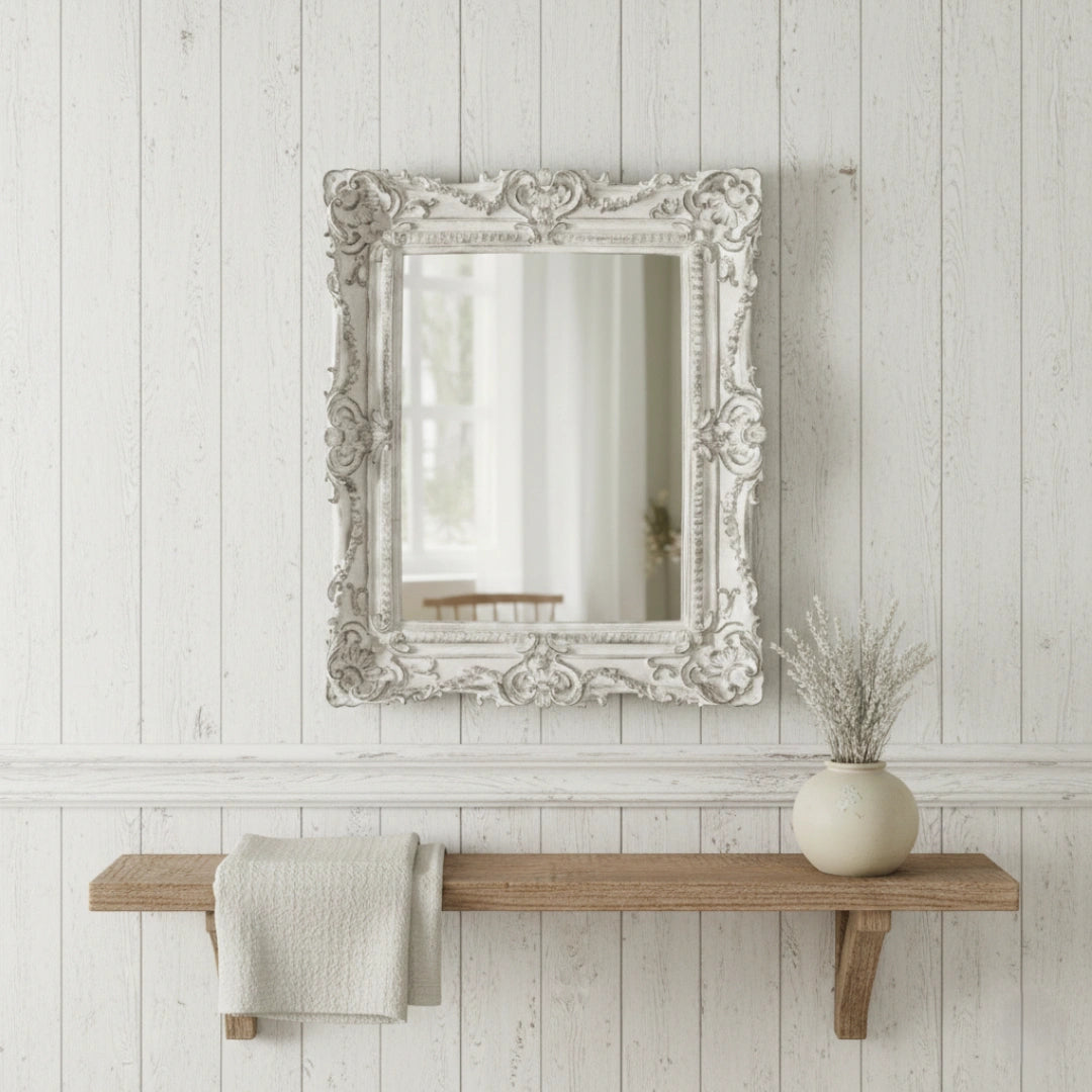Pretty Shabby Wall Mirror Rectangular Vintage Antique White hanging on panel wall shelf with towel and vase home decor