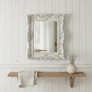 Pretty Shabby Wall Mirror Rectangular Vintage Antique White hanging on panel wall shelf with towel and vase home decor