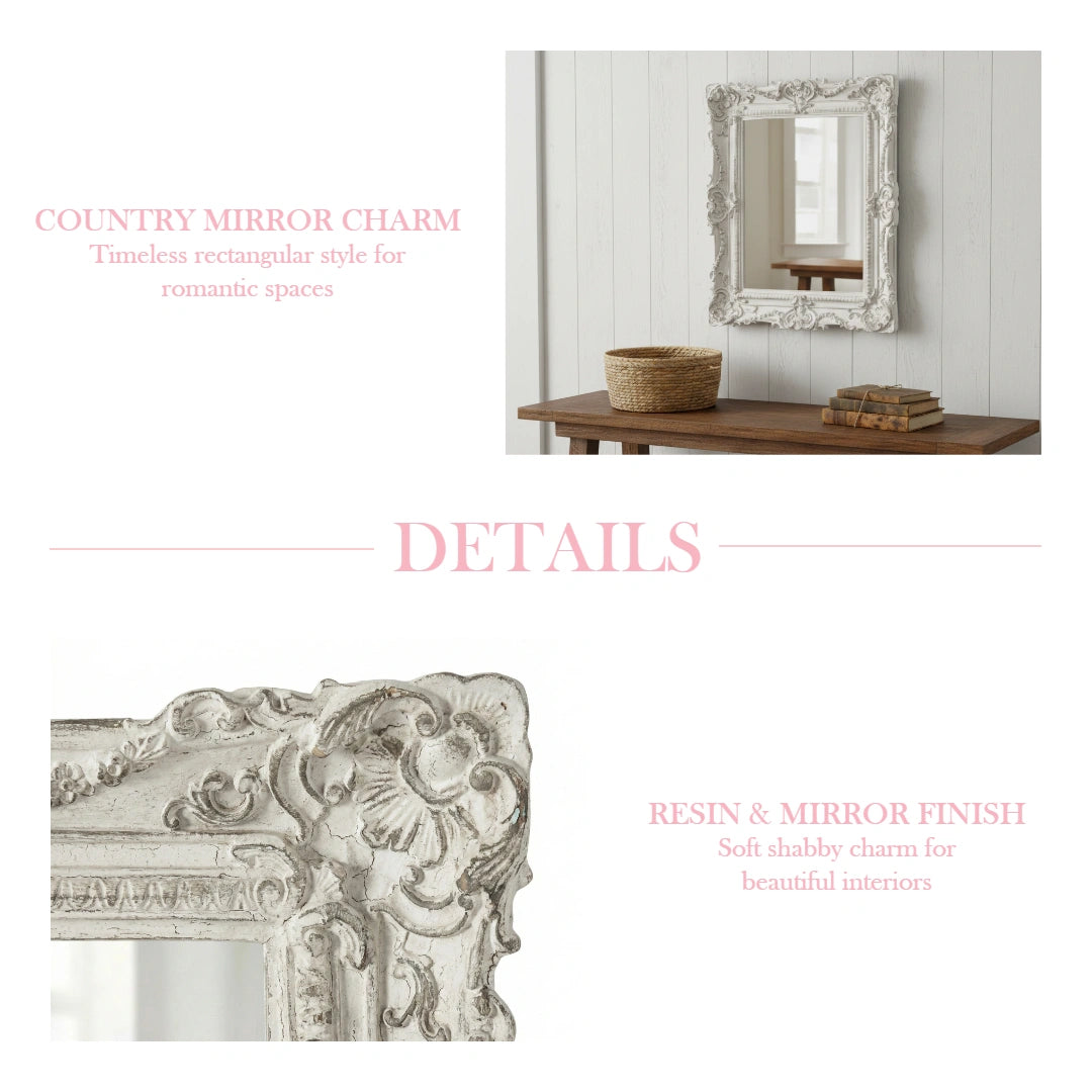 Pretty Shabby Wall Mirror Rectangular Vintage Antique White showing resin frame and mirror finish detailing